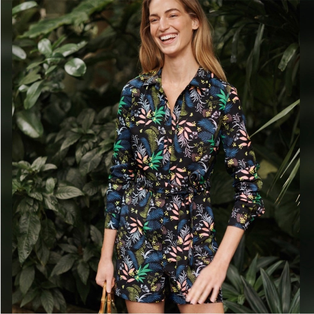 Boden Black Tropical-Print Long-Sleeve Romper